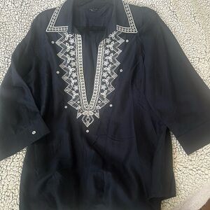 Talbots Navy Blouse with White Embroidered Placket and Collar Detail